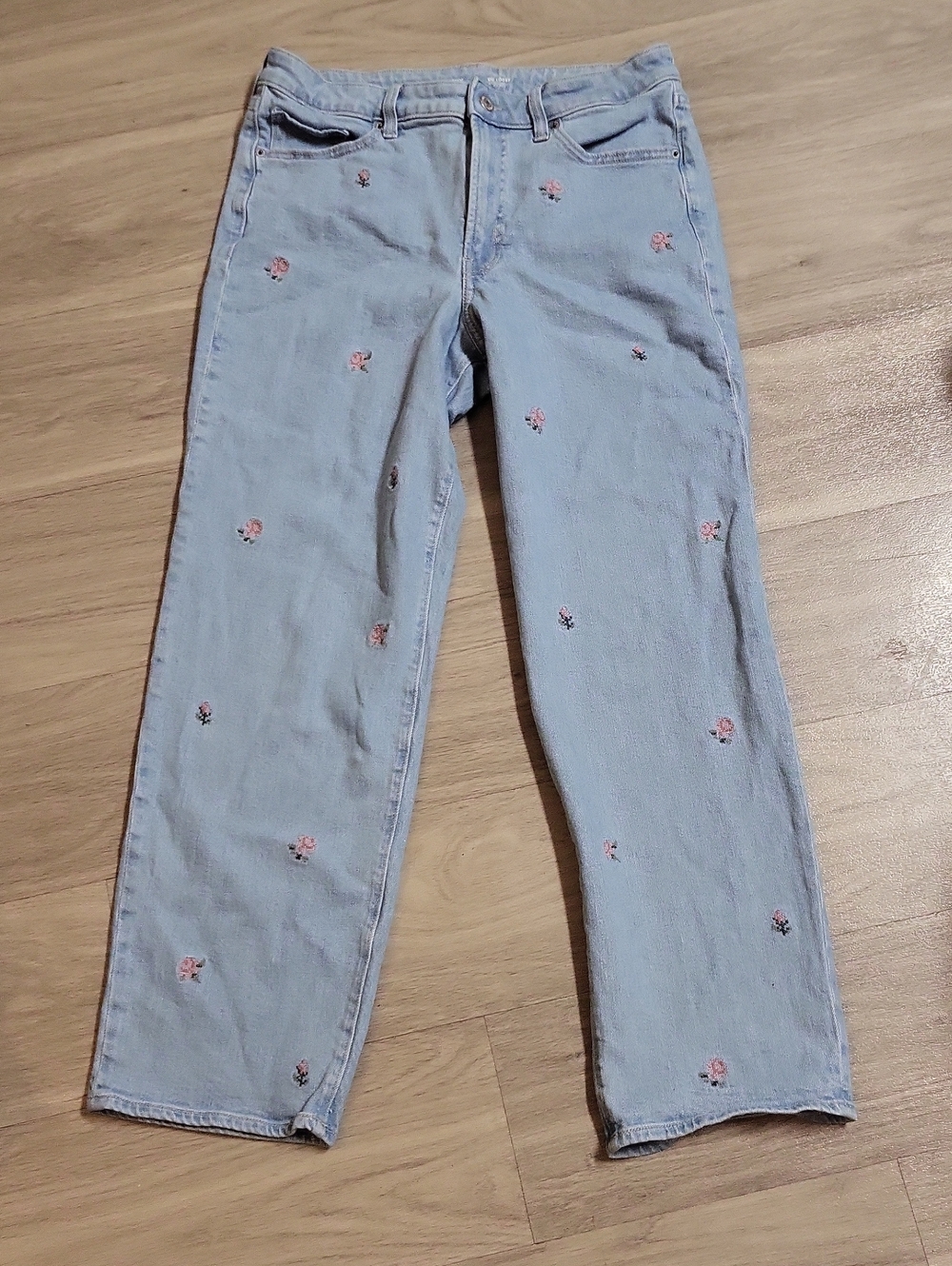 Old Navy Light Blue Straight-Leg Jeans with Pink Floral Embroidery